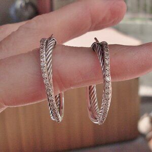 David Yurman Diamond Crossover Hoop Earrings - 1.25 Inches - DY Backs